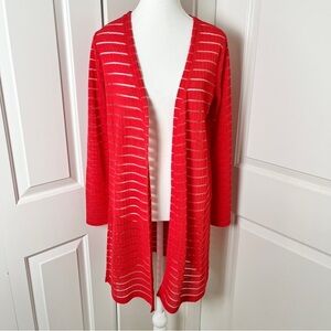 Ellen Tracy Open Front Red Semi Sheer Striped Cardigan Coverup - US Small